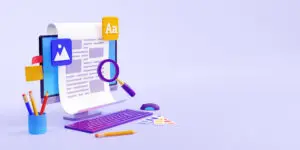 Kreatives Copywriting, SEO-Bearbeitung von Werbetexten in Blogs oder Webmedien. Banner mit Computer, Papierseite, Lupe, Stiften und Kopierraum, 3D-Darstellung