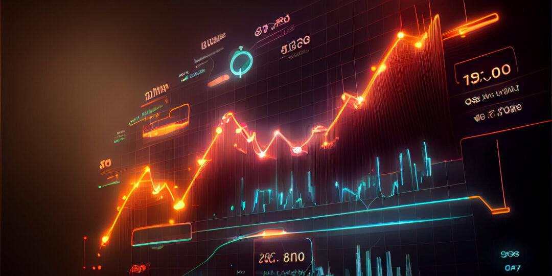 Forex-Chart mit statistischen Daten und Marktnotierungen auf einem digitalen Bildschirm, der mit generativer KI-Technologie erstellt wurde