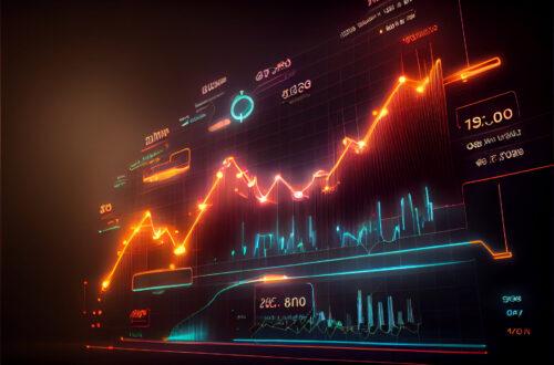 Forex-Chart mit statistischen Daten und Marktnotierungen auf einem digitalen Bildschirm, der mit generativer KI-Technologie erstellt wurde